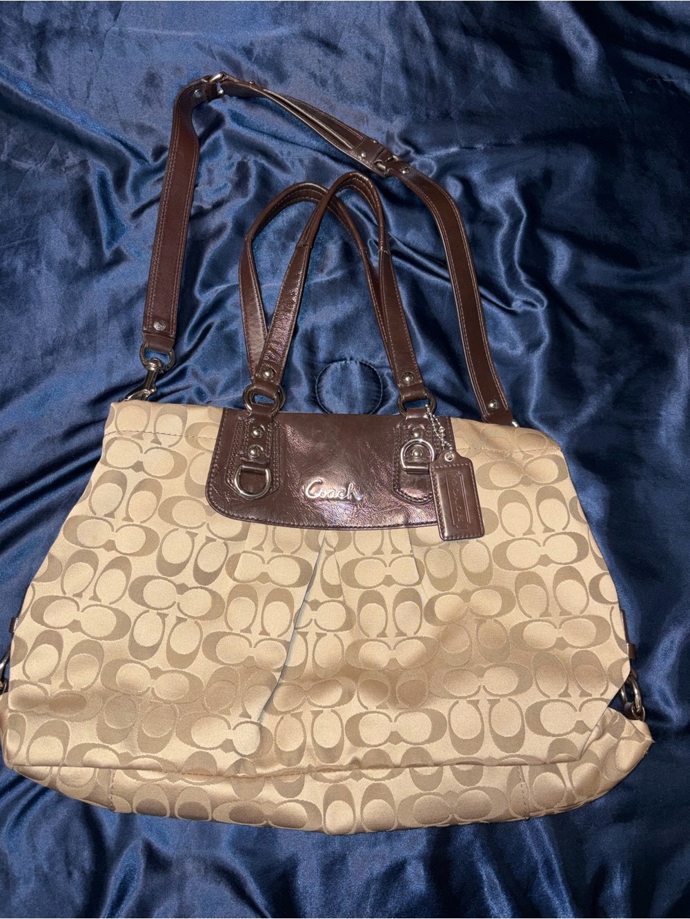 Coach Canvas Tote in Khaki and Brown Leather Trim